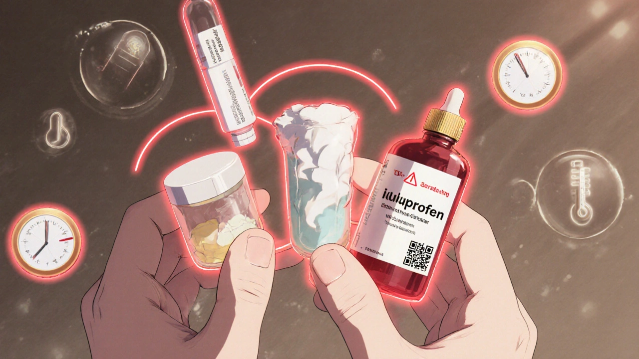 Mains de pharmacien inspectant trois médicaments avec des signes de dégradation visuels.