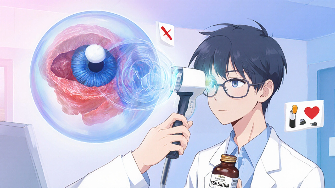 Médecin mesurant la proéminence oculaire avec un appareil, muscles oculaires enflés en transparence.