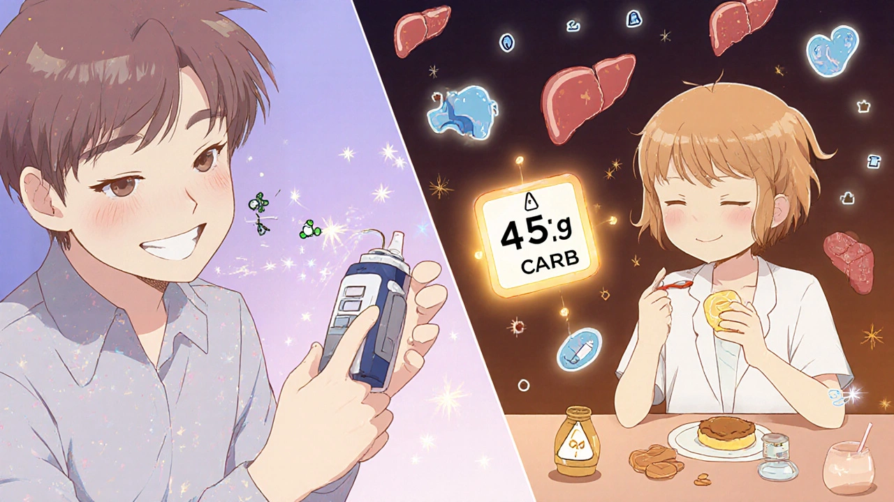 Personne ajustant sa pompe à insuline et autre mangeant un encas du soir léger, symboles médicaux animés en arrière-plan.