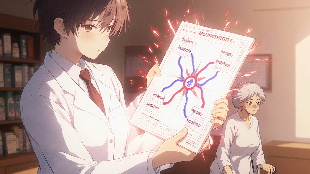 Pharmacienne montrant un tableau de médicaments avec des voies dangereuses croisées, patiente âgée regardant avec inquiétude.