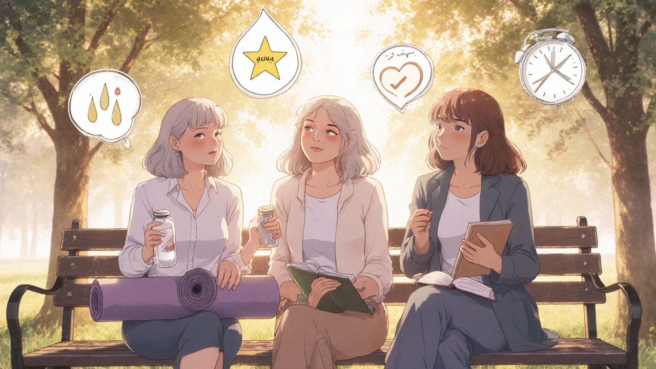 Trois femmes riant sur un banc de parc, objets symboliques flottants représentant soulagement et bien-être.