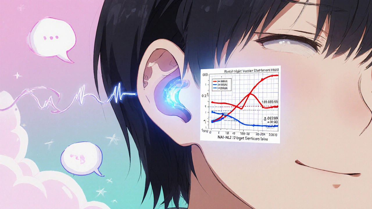 Un graphique animé montre la mesure réelle du son dans l&#039;oreille comparée à la cible idéale, en couleurs pastel.