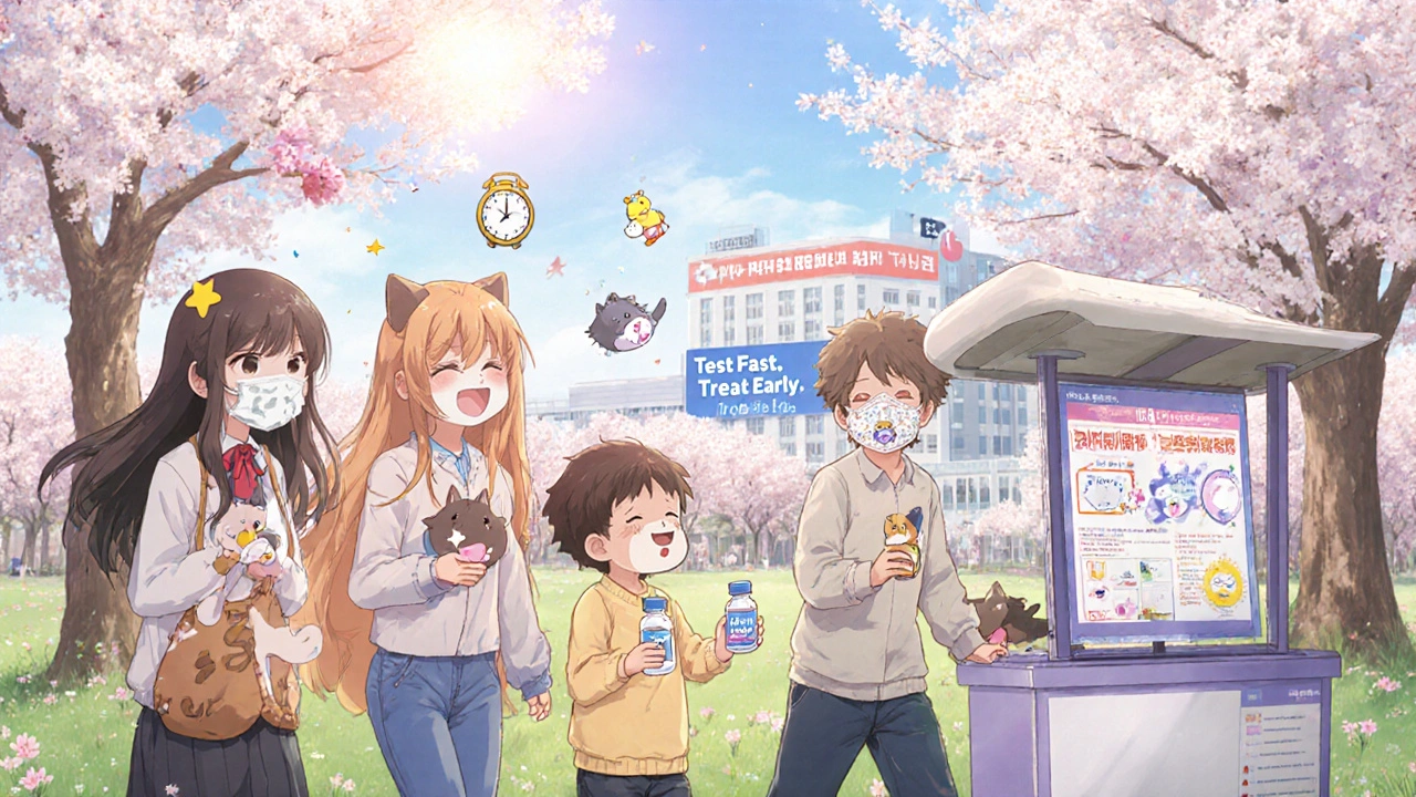 Un groupe de personnes portant des masques décoratifs dans un parc printanier, entourées d&#039;icônes de vaccins et de consignes de santé.