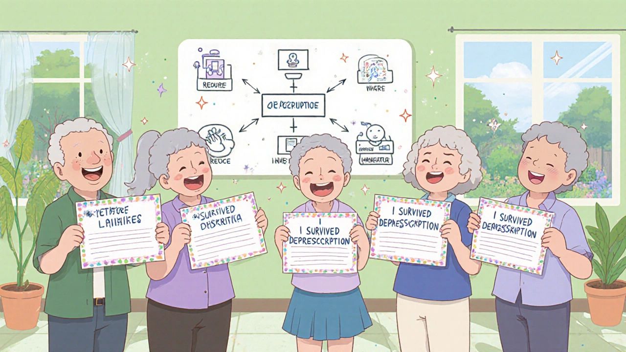 Un groupe de seniors célèbre avec des certificats de déprescription dans une salle communautaire, entourés d&#039;une affiche illustrée étape par étape.