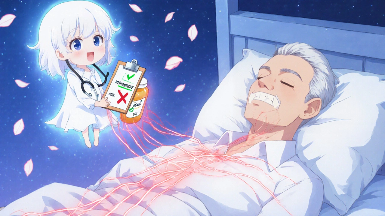 Un homme âgé au lit, des lignes rouges disparaissant de son corps, symbolisant l&#039;arrêt de médicaments inutiles.