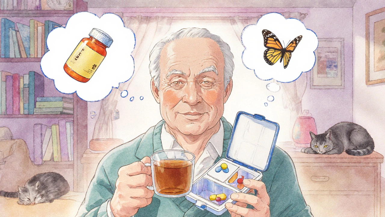 Un homme âgé boit du thé, son organisateur de médicaments contient seulement trois pilules, tandis que d&#039;autres médicaments disparaissent en papillons.
