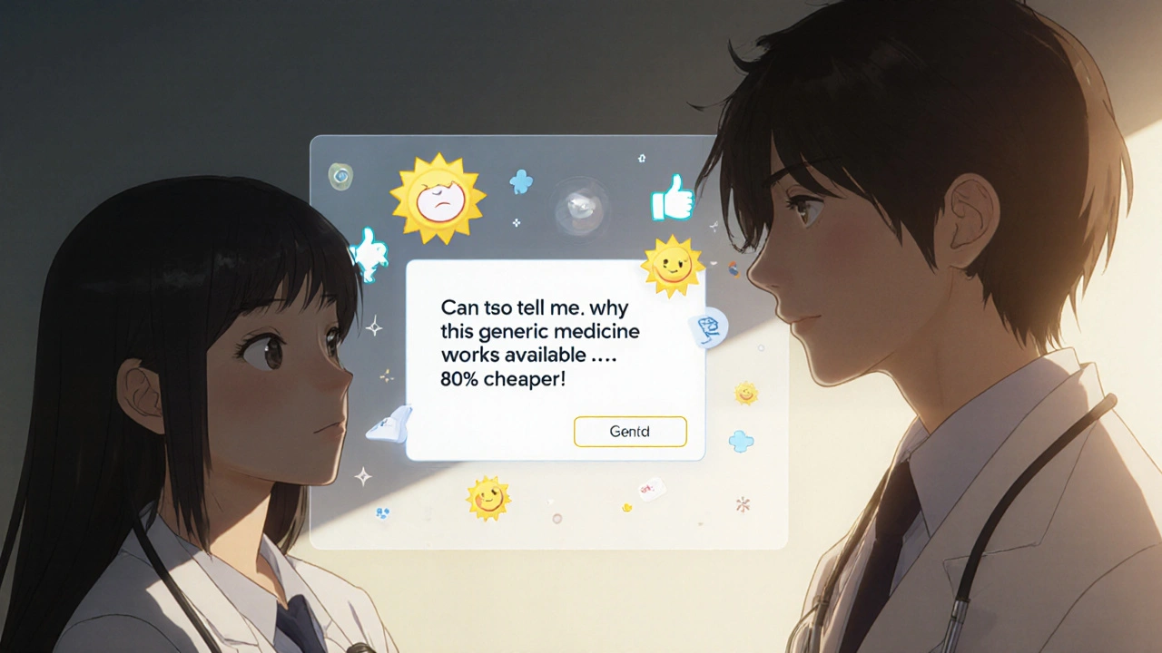 Un médecin pose une question à un patient avec bienveillance, tandis qu&#039;une alerte numérique s&#039;affiche en arrière-plan.