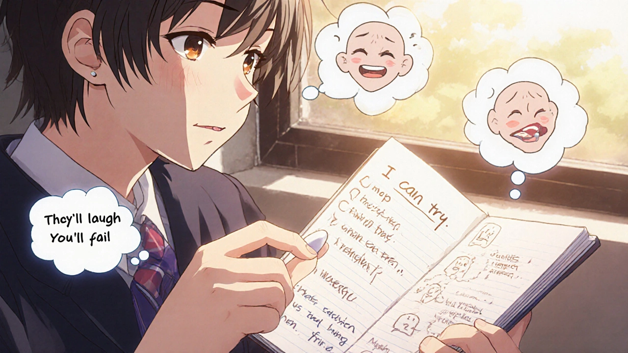 Une adolescente tenant une pilule et un carnet de thérapie, entourée de bulles de pensées négatives.