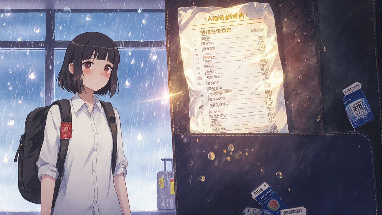 Une liste de médicaments plastifiée collée à l&#039;intérieur d&#039;un passeport, éclairée doucement dans un aéroport étranger.