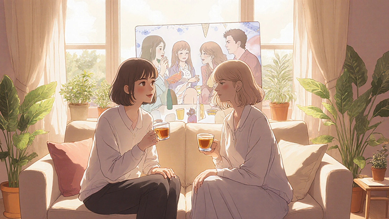 Une patiente et son thérapeute sur un canapé ensoleillé, symbole de progrès et de guérison par la TCC.