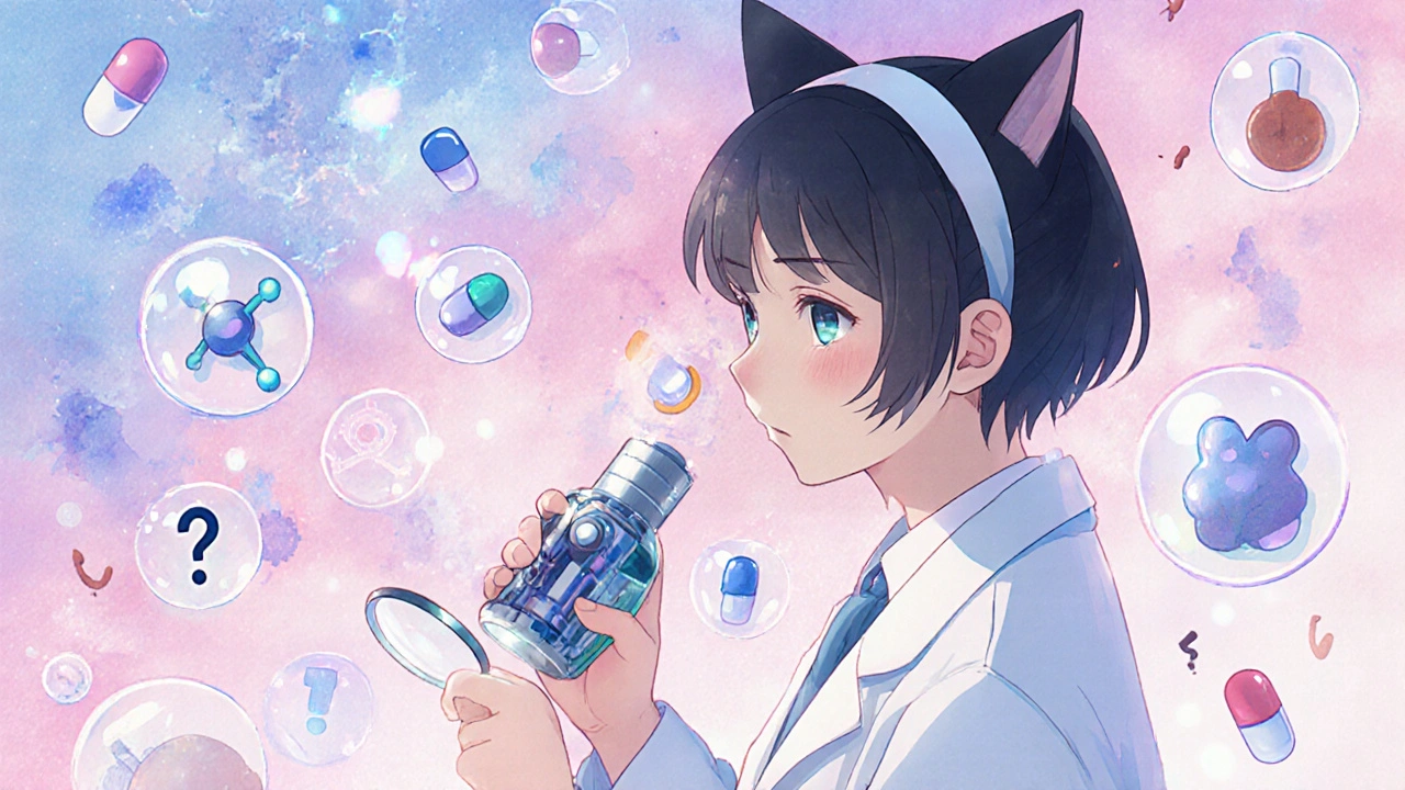 Une scientifique examine un inhalateur complexe entouré de structures moléculaires brillantes et de pilules génériques échouées.