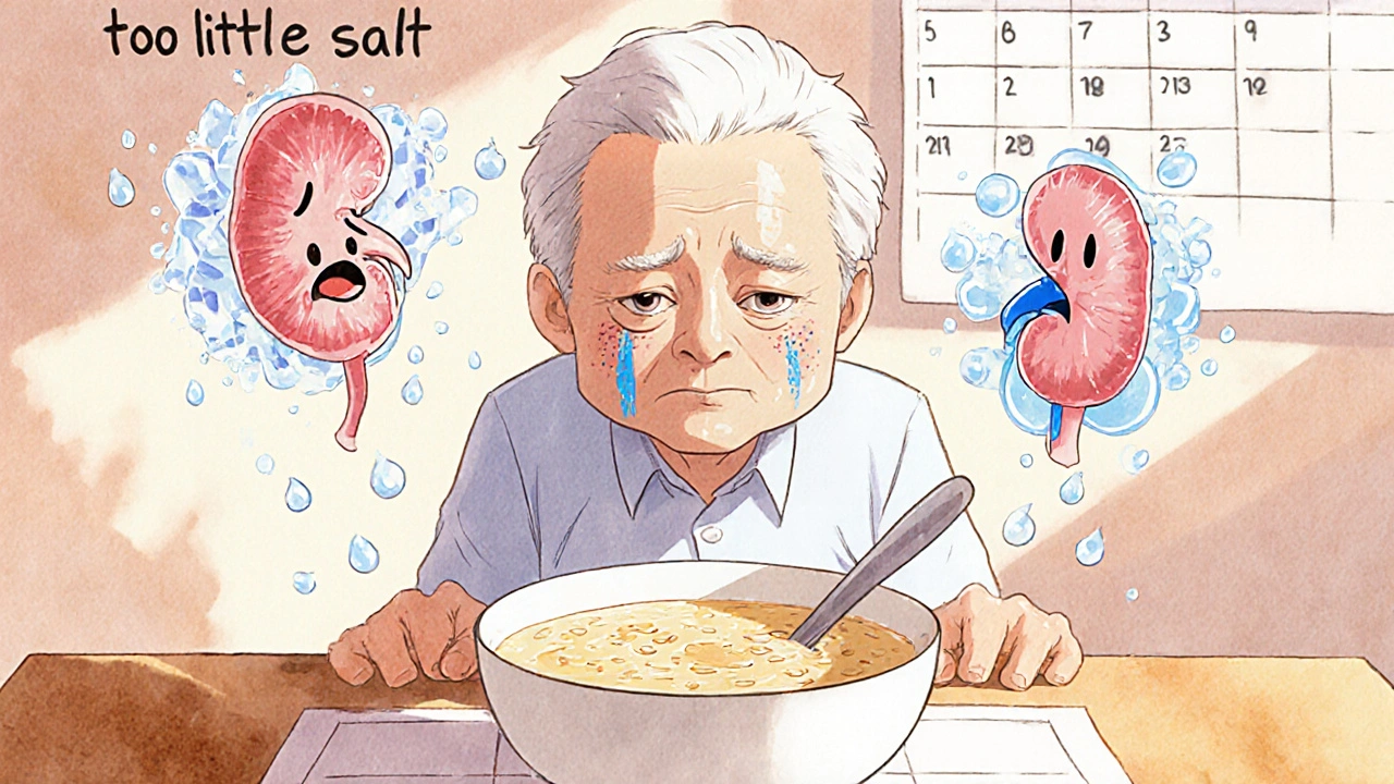 Vieille personne regardant une soupe &#039;sans sel&#039; tandis que des cristaux de sel et gouttes d&#039;eau s&#039;affrontent en illustration anime.