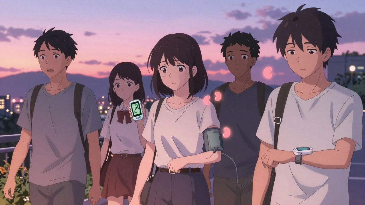 Amis marchant ensemble après le dîner, des icônes de reins brillants flottent près d&#039;eux.