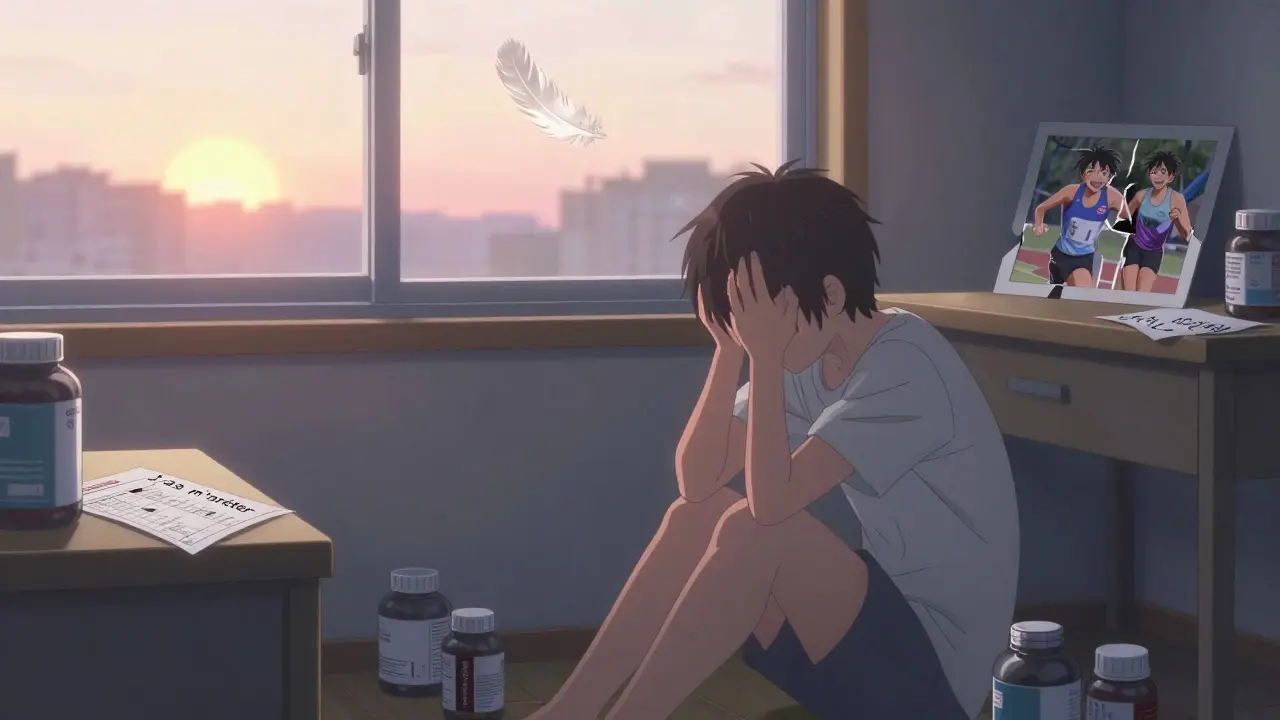 Athlète triste dans sa chambre, entouré de flacons vides, un plumeau blanc entre dans la fenêtre au lever du soleil.