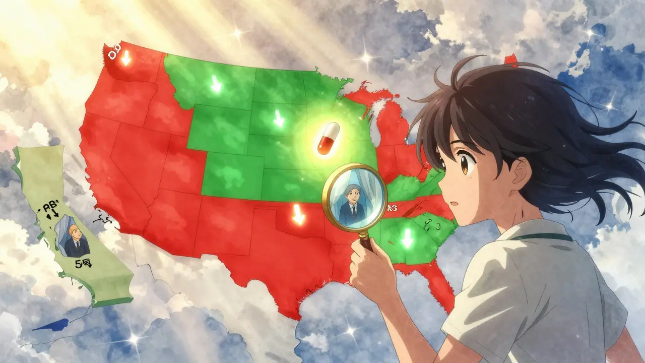 Carte des États-Unis montrant les régions à prix élevés et transparents avec une jeune fille utilisant une loupe.