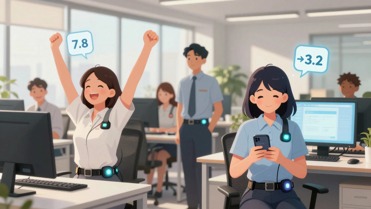 Collègues au travail avec des appareils TENS discrets, effets visuels de soulagement de la douleur.