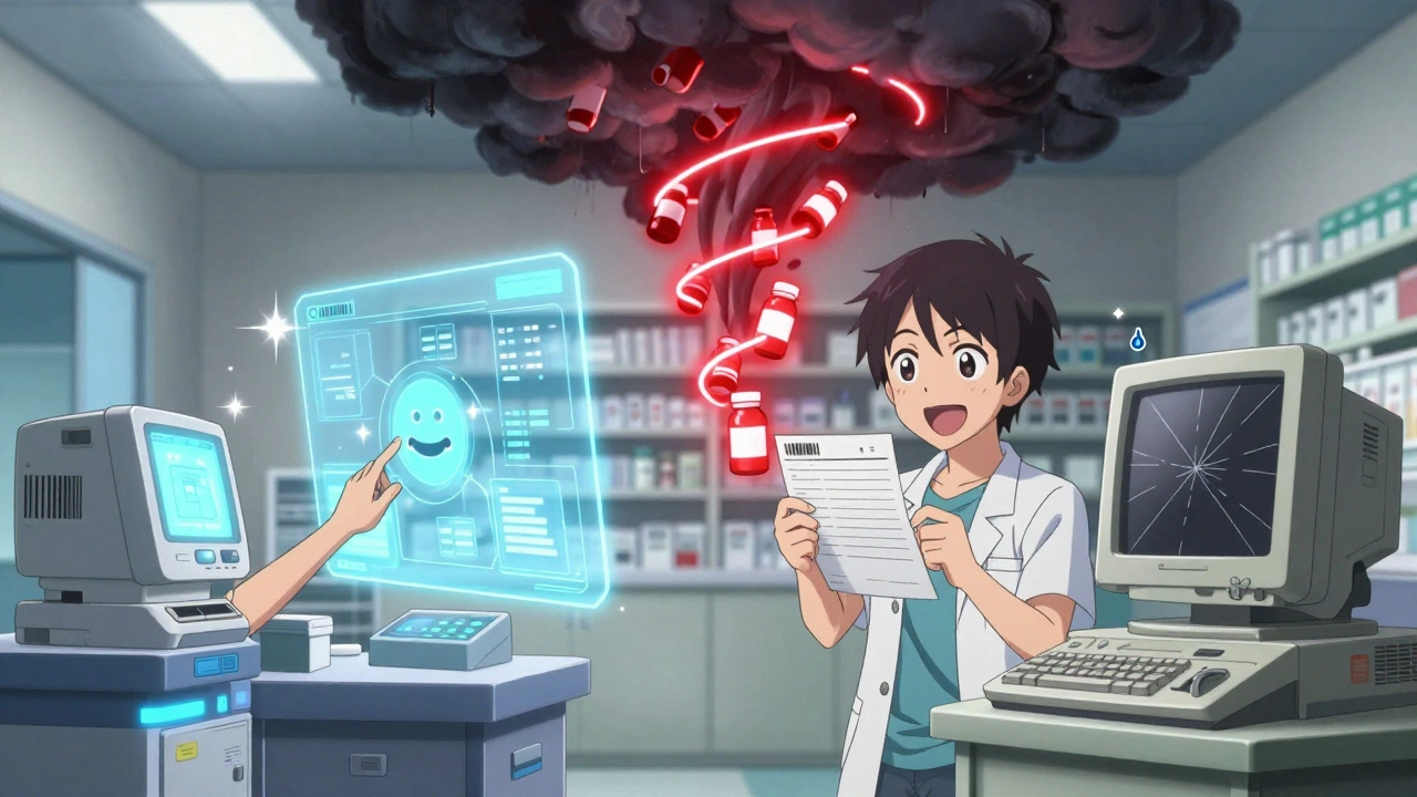 Contraste entre un hôpital high-tech avec des systèmes de sécurité et une pharmacie isolée avec une alerte ignorée, symbolisant les risques cachés.