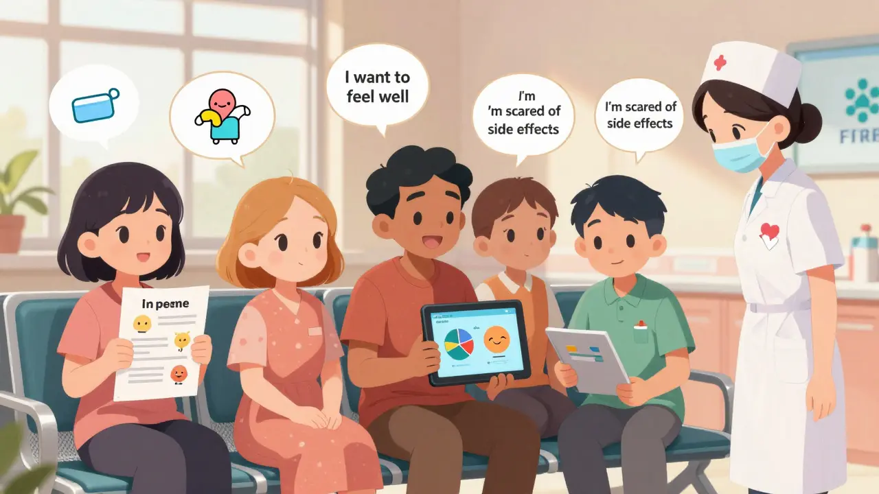 Des patients dans une salle d'attente utilisent des outils d'aide à la décision avec des icônes amicales et des graphiques animés.