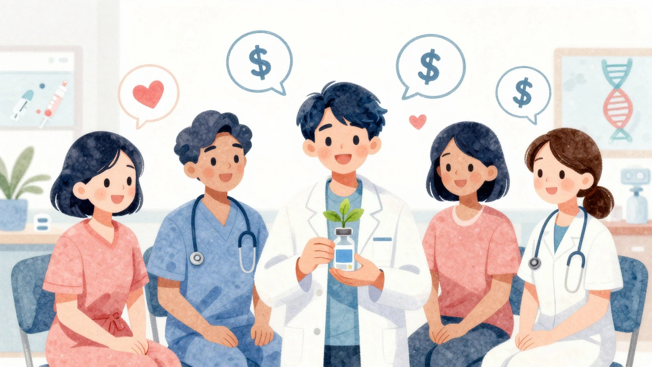 Des patients souriants reçoivent des médicaments biosimilaires dans une clinique lumineuse.