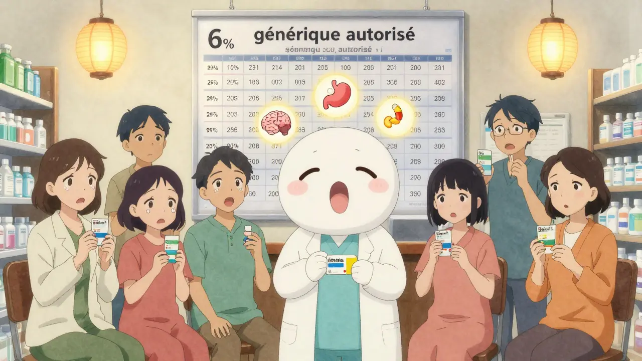 Des patients tiennent des médicaments, une charte montre que peu de molécules ont des génériques autorisés.