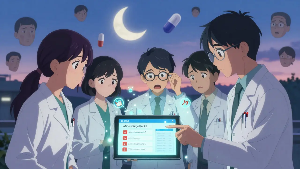 Des pharmaciens examinant un écran affichant les médicaments NTI et biosimilaires, dans un style anime moe.
