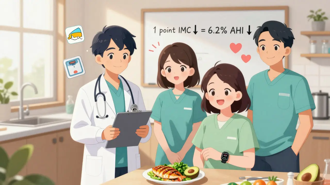 Équipe médicale dans une cuisine ensoleillée, offrant des aliments sains à une patiente souriante.