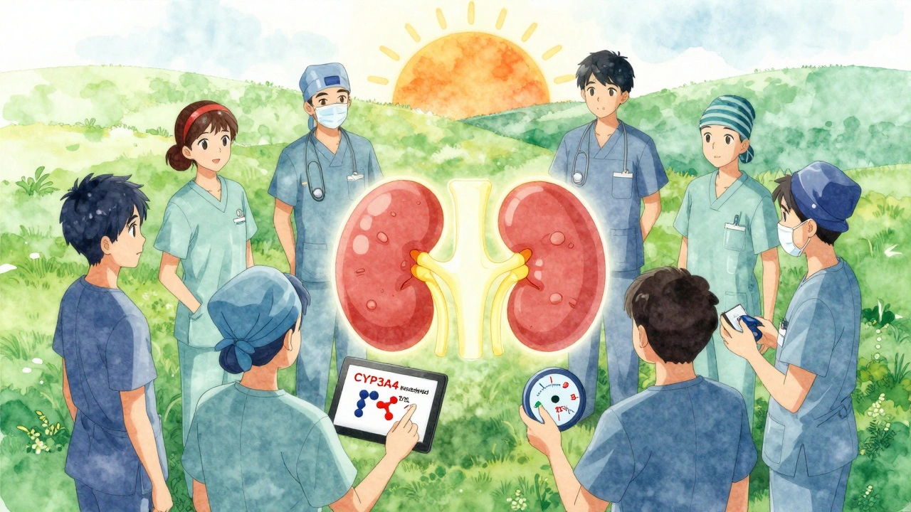 Équipe médicale protégeant un rein lumineux, avec des molécules bloquant l'enzyme CYP3A4.