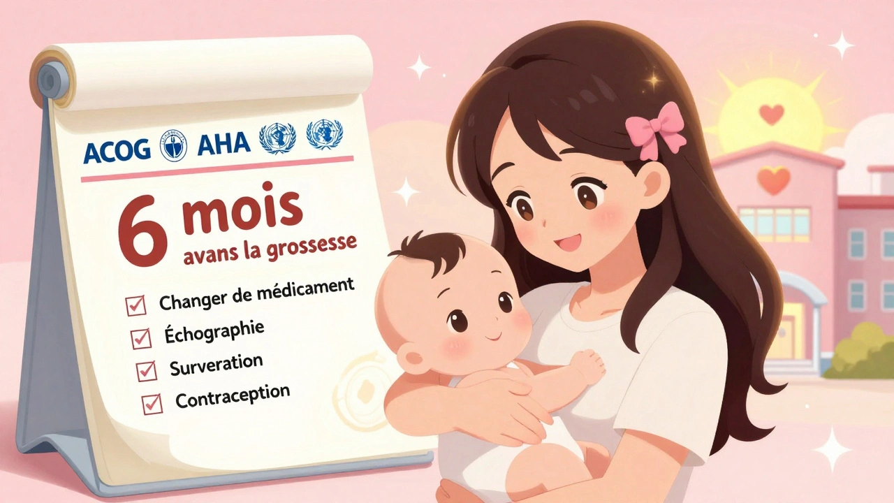 Femme avec son bébé, entourée d&#039;une checklist de préparation à la grossesse et des logos médicaux.