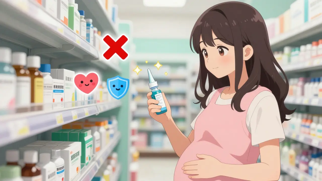 Femme enceinte dans une pharmacie choisissant un spray nasal salin, avec des interdictions flottantes.