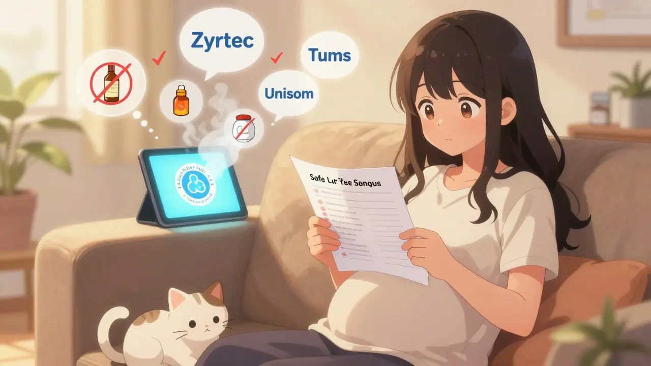 Femme enceinte et son partenaire lisent une liste imprimée de médicaments sûrs pendant la grossesse.