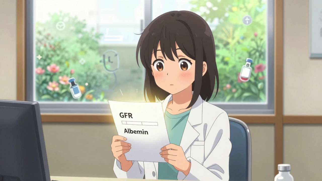 Fille dans un bureau médical regarde ses résultats de tests rénaux avec soulagement.