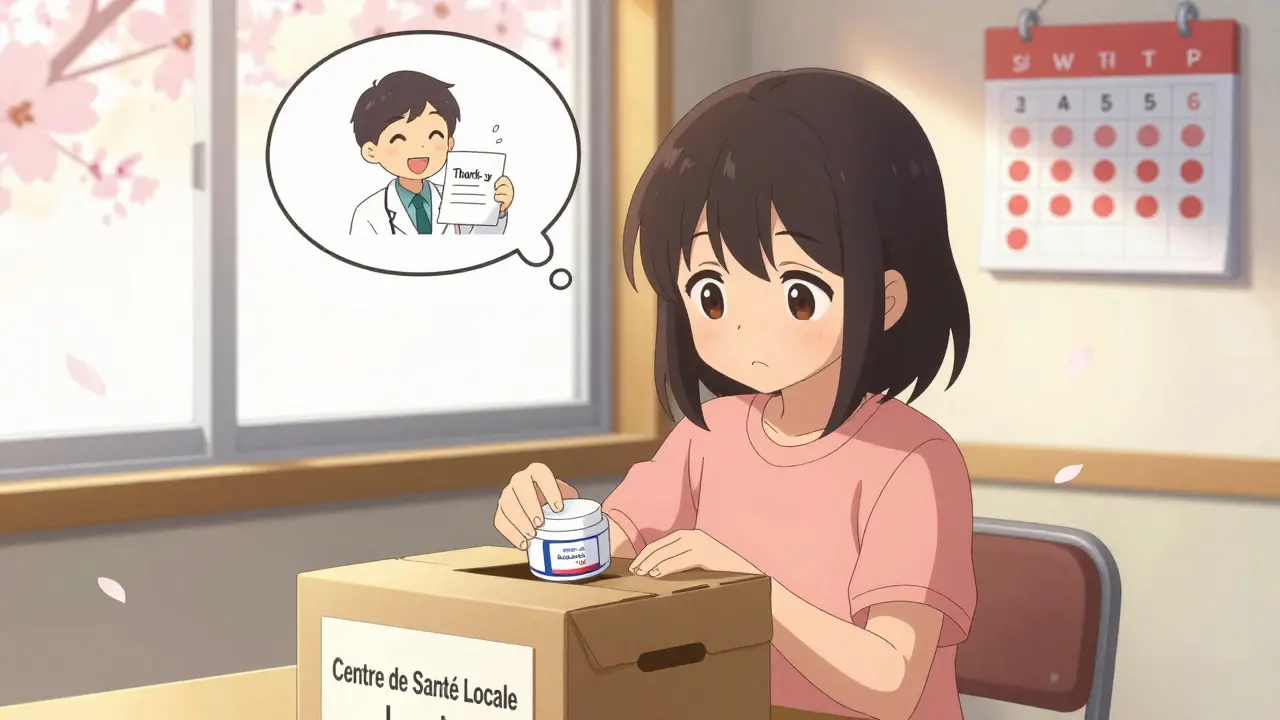 Fille déposant un échantillon non utilisé dans une boîte de dons pour un centre de santé, avec un calendrier de rappels en arrière-plan.