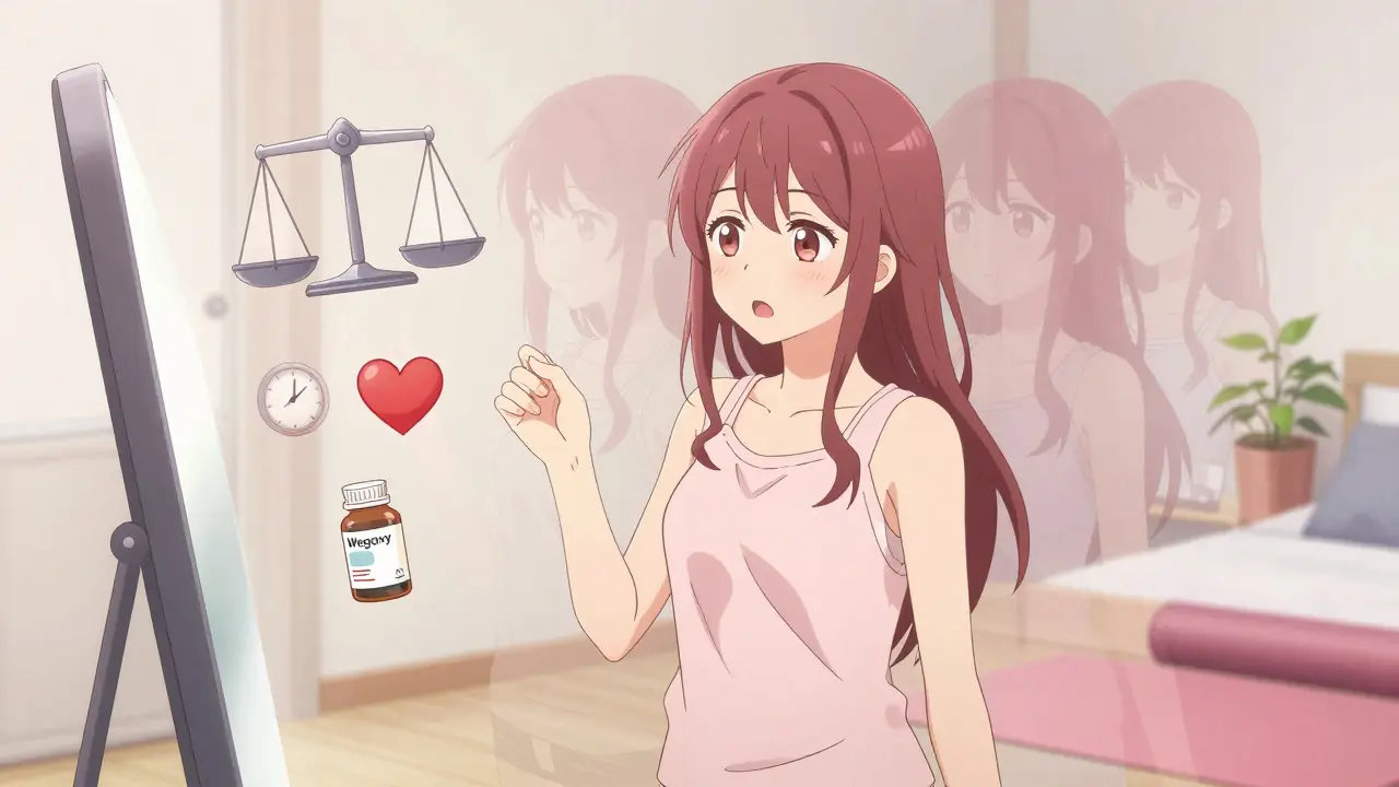 Fille regardant son reflet dans un miroir, son ancienne silhouette s'estompe derrière elle.