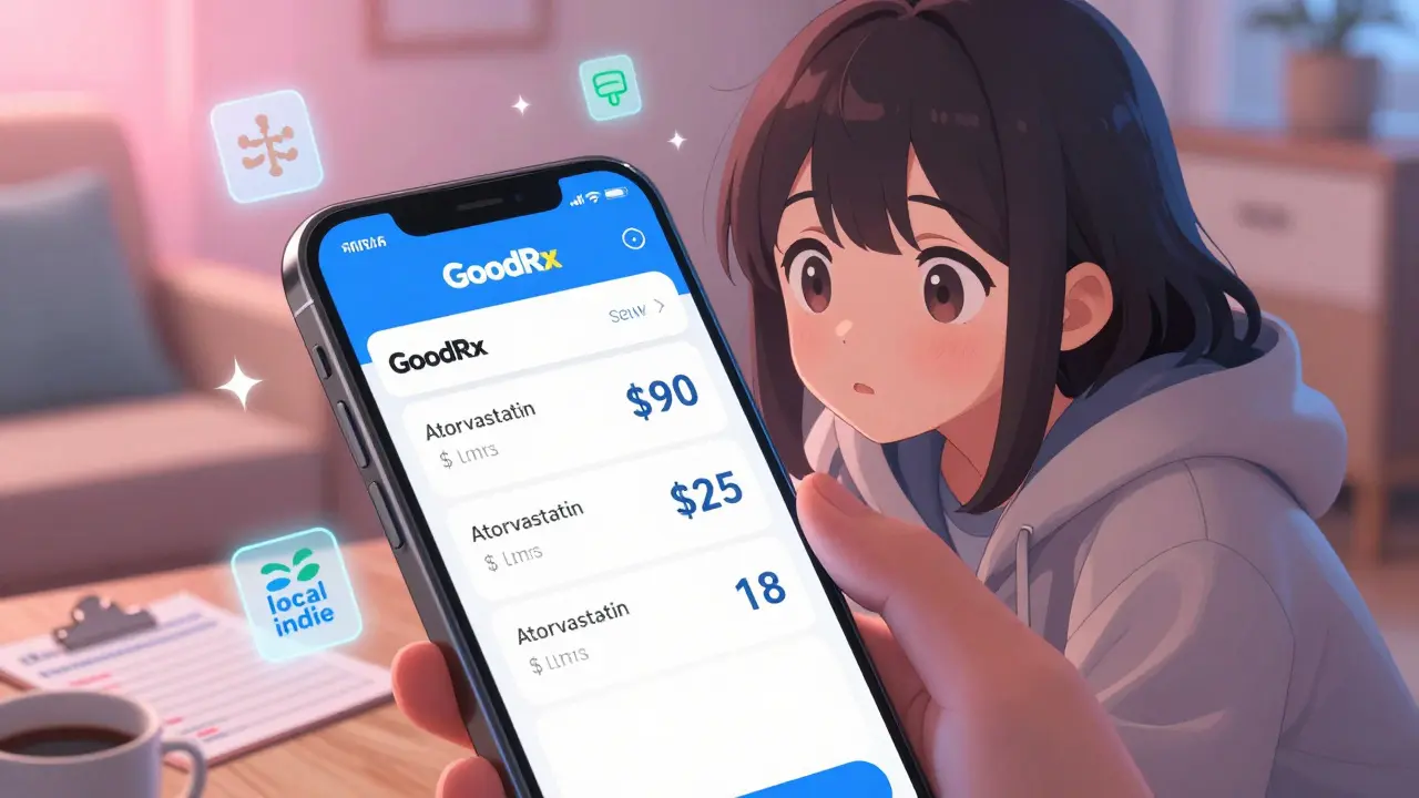 Fille regardant son téléphone affichant des prix de médicaments très variés sur GoodRx.