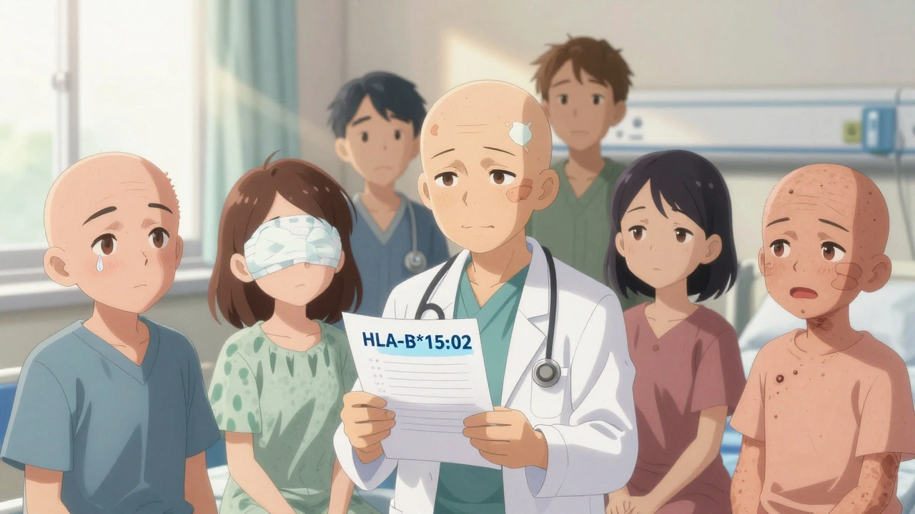 Groupe de patients en soins intensifs avec des pansements, un médecin tenant un test génétique, lumière dorée symbolisant l&#039;espoir.