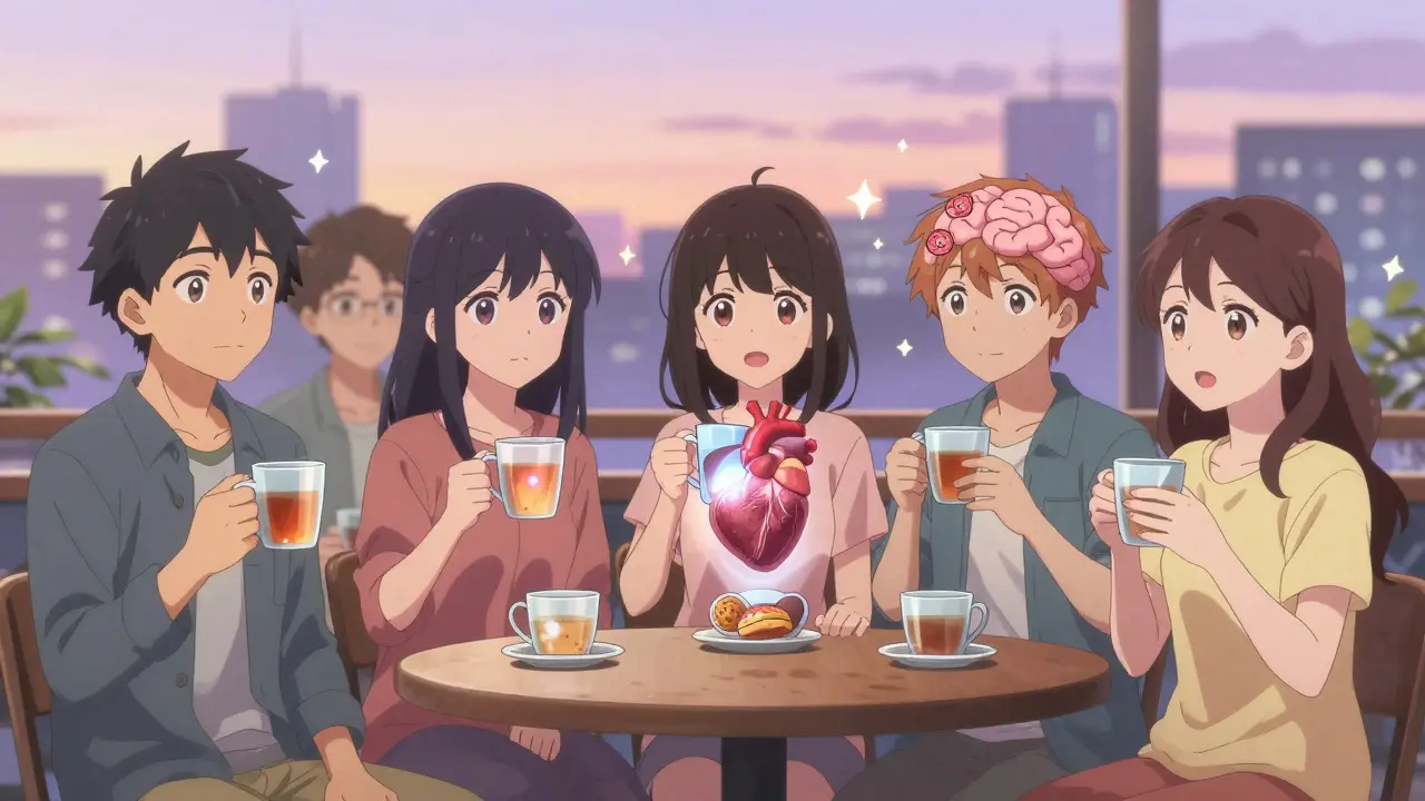 Groupe de personnes à une table de café avec des représentations internes de leur santé améliorée.