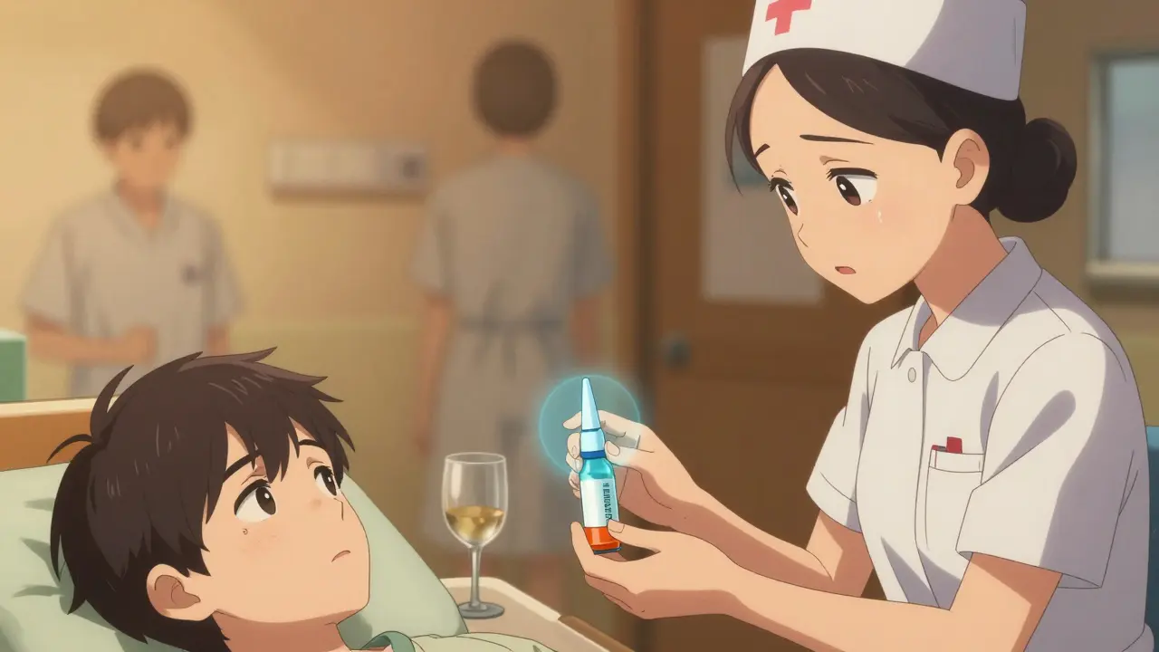 Infirmière remet du Narcan à un adolescent, bouteille de vin et pilules sur la table.