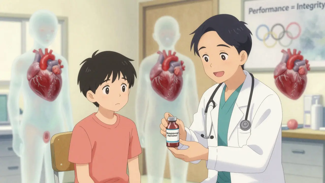 Jeune athlète reçoit une seringue d'un médecin souriant, tandis que des fantômes de dommages corporels l'observent.