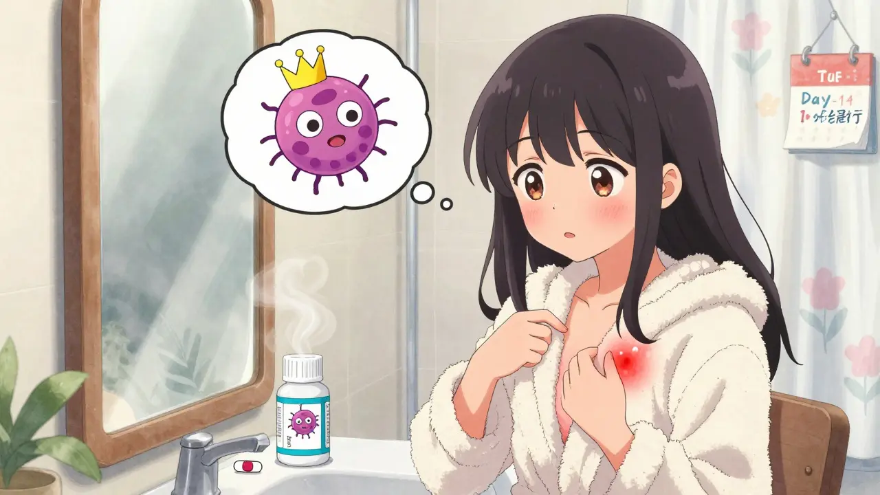 Jeune fille examinant une éruption cutanée rouge brillante avec des boutons satellites dans un miroir.