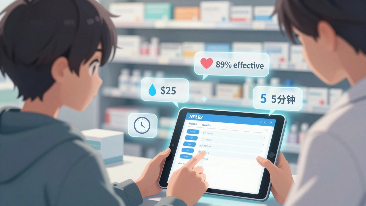 Les mains d&#039;un pharmacien saisissent une tablette affichant un système de suivi médical, avec des icônes flottantes.