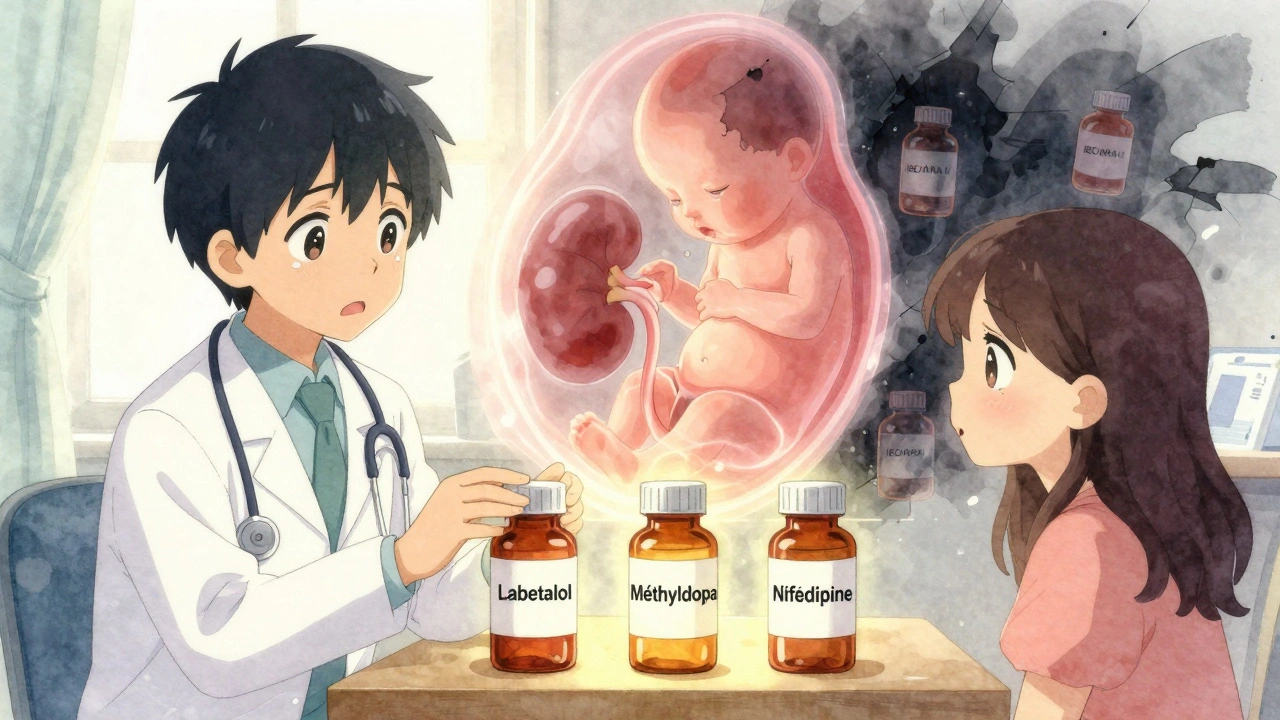 Médecin guide une patiente vers des médicaments sûrs pendant la grossesse, avec un fœtus en lumière.