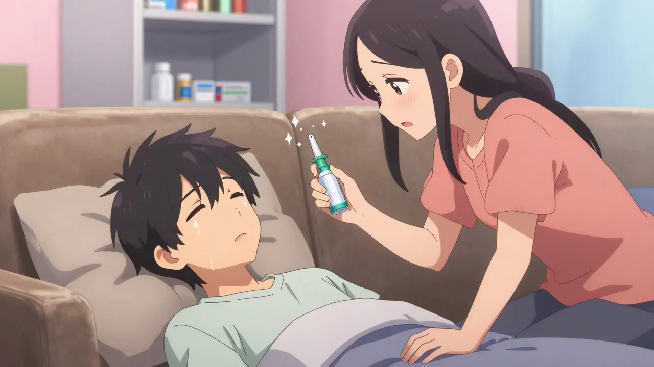 Mère utilisant un spray de naloxone pour sauver son fils après une prise accidentelle.