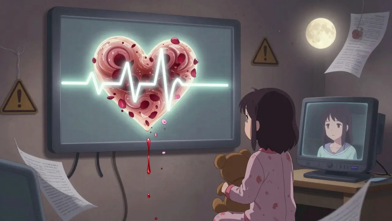 Moniteur cardiaque avec une ligne plate formée d'alcool et d'opioïdes, fille regardant son reflet.