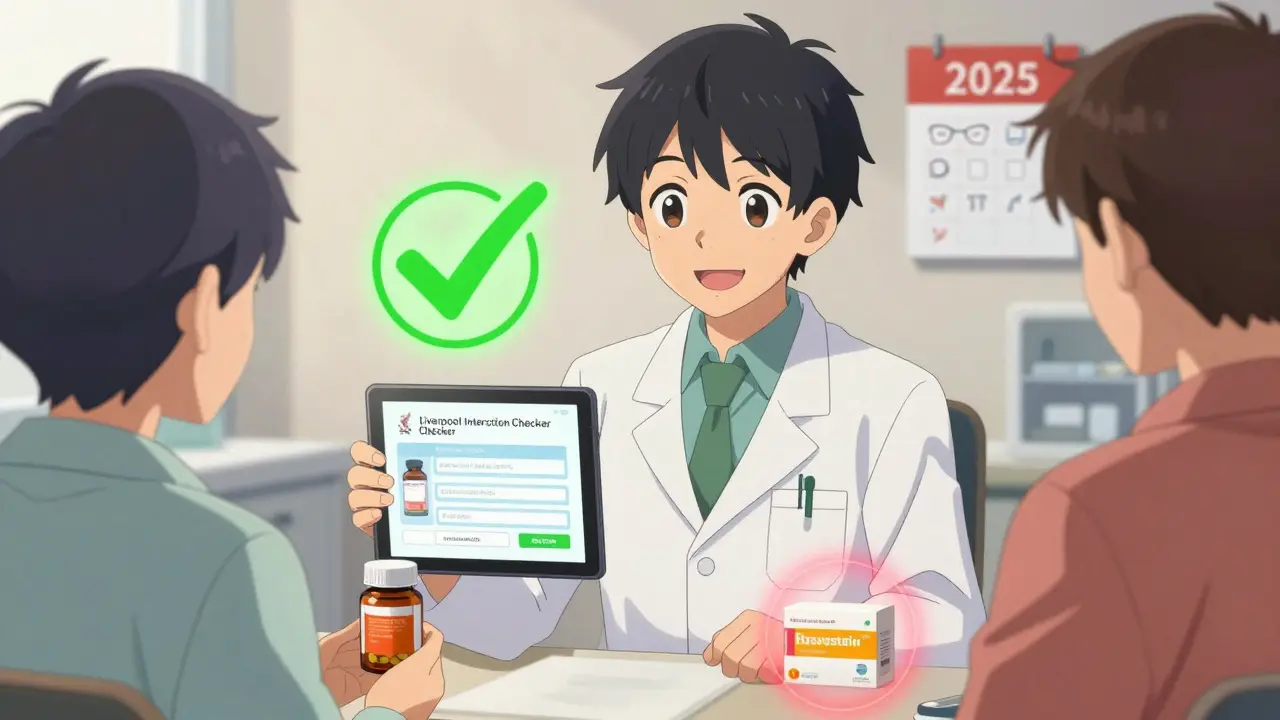 Pharmacien montre un outil d'interaction à un patient avec des suppléments dangereux et un médicament sûr.