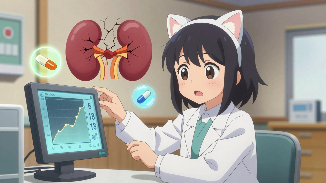 Pharmacienne ajustant un moniteur affichant une montée brutale du taux de tacrolimus.