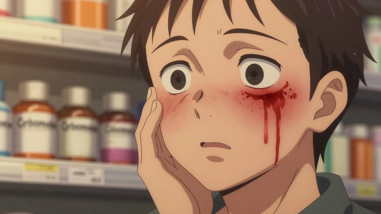 Plan rapproché d&#039;un visage avec une éruption cutanée rouge qui se propage, bouteilles de médicaments en arrière-plan flou.