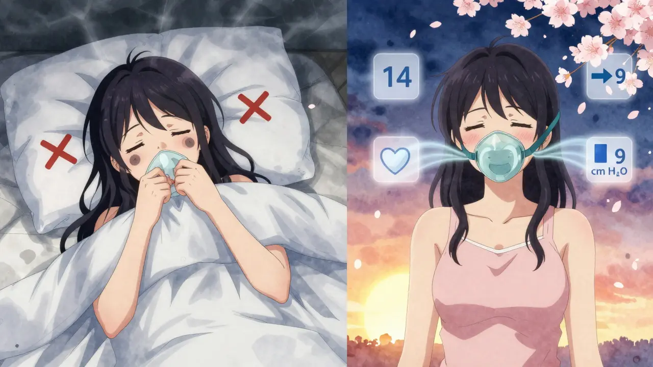 Scène divisée : femme fatiguée avant perte de poids vs femme reposée après, avec symboles de pression CPAP réduite.