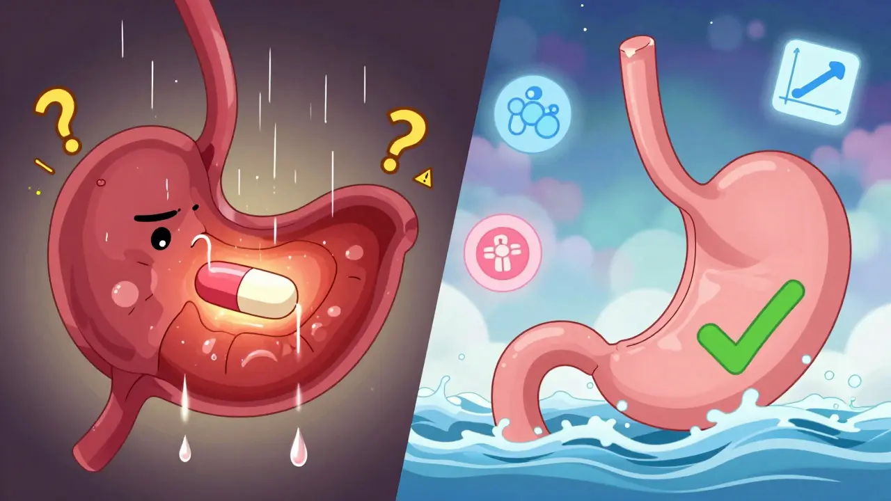 Schéma animé contrastant une œsophage irritée et une œsophage saine avec une pilule.