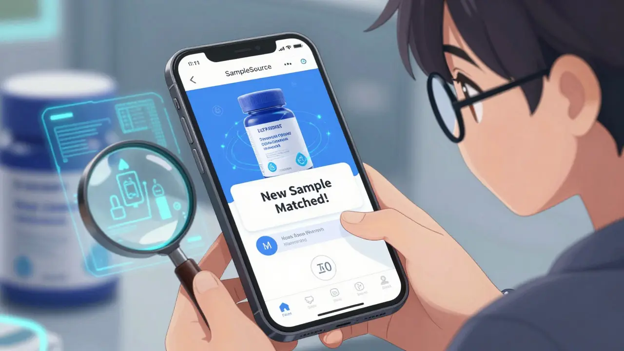 Teen avec une loupe examinant le code lot d'un échantillon, un écran de téléphone affiche une notification d'échantillon correspondant.