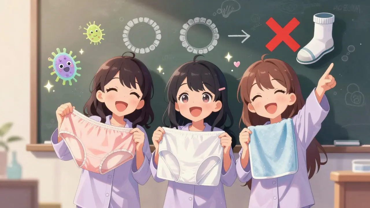 Trois filles riant ensemble en tenant des vêtements propres et un serviette, symbole de prévention des mycoses.